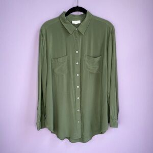 Olive Green Button Up Blouse Pockets Long Sleeve Boho Safari Cottage Core Soft